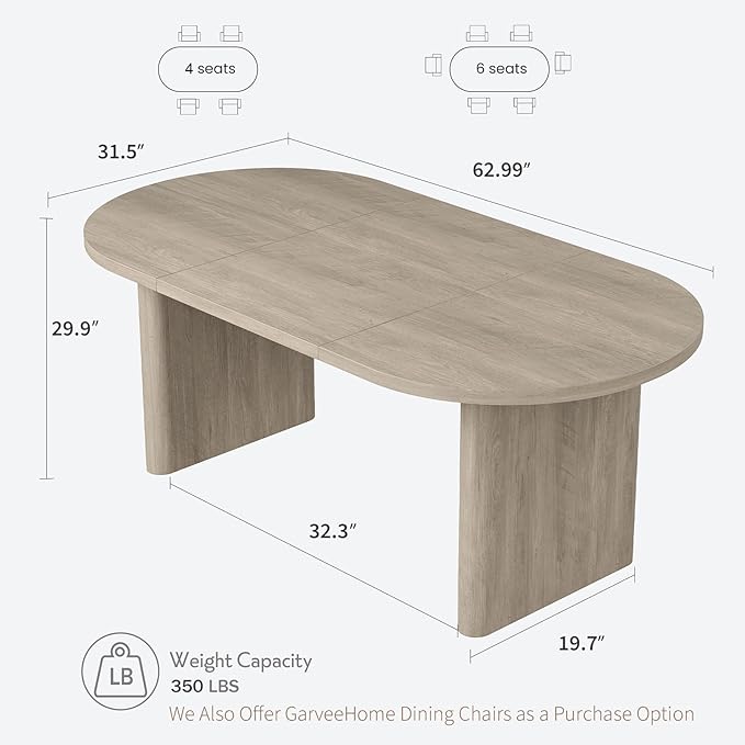 GarveeHome Oval Dining Table for 6-8 People, Long Large Kitchen Table with Thick Sturdy Wooden Base, Farmhouse Dining Room Table for for Kitchen, Living Room, Office (63" Long,Gray)