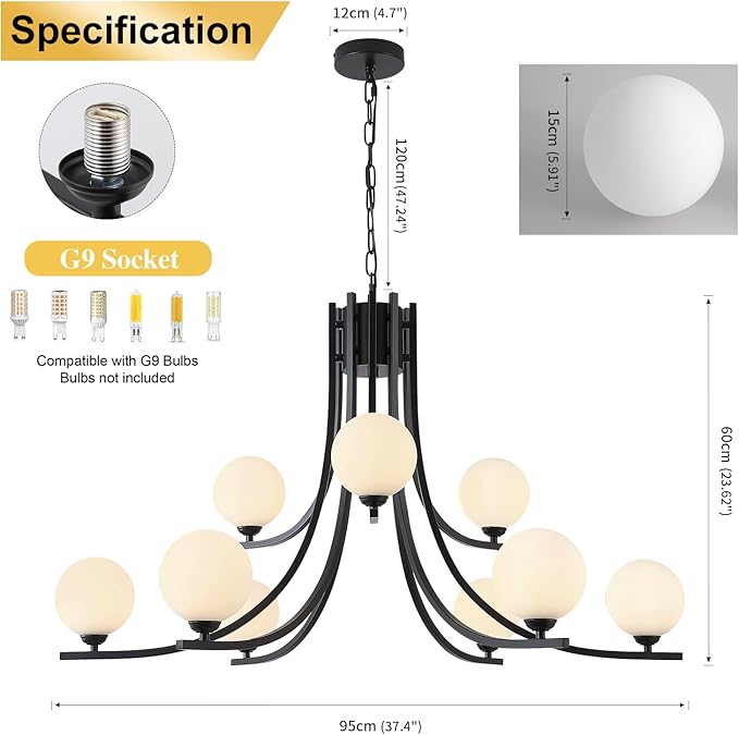 Black Farmhouse Chandelier Modern Sputnik Chandelier for Dining Room Mid Century Chandelier Dining Room Light Fixtures with Withe Glass Globe Shades for Foyer Living Room Kitchen Island