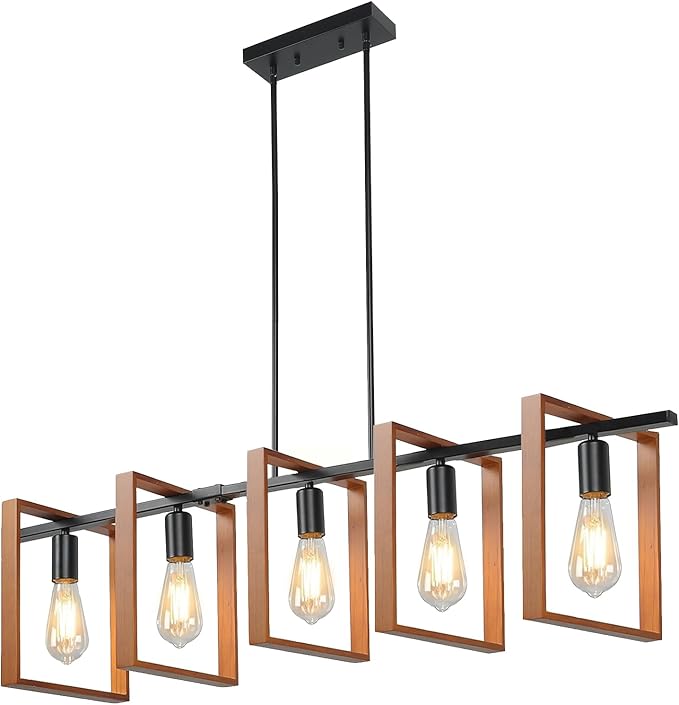 5-Light Farmhouse Kitchen Island Lighting, Adjustable Dining Room Light Fixtures, Black Rustic Wood Farmhouse Chandelier Hanging Ceiling Light for Kitchen,Bulbs Not Included