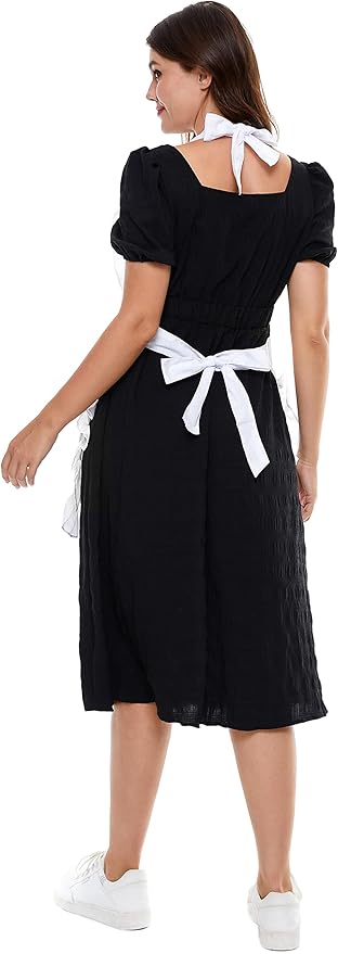 Women's Ruffles Outline Retro Pockets Apron Kitchen Cooking Cleaning Maid Costume (Black)