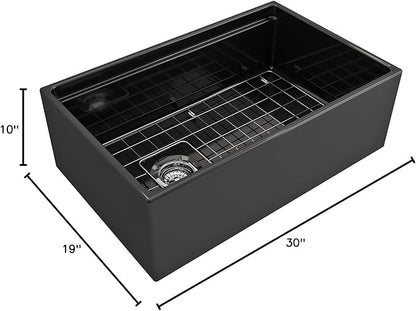 BOCCHI Contempo Workstation Apron Front Step Rim Fireclay 30 in. Single Bowl Kitchen Sink with Accessories in Black