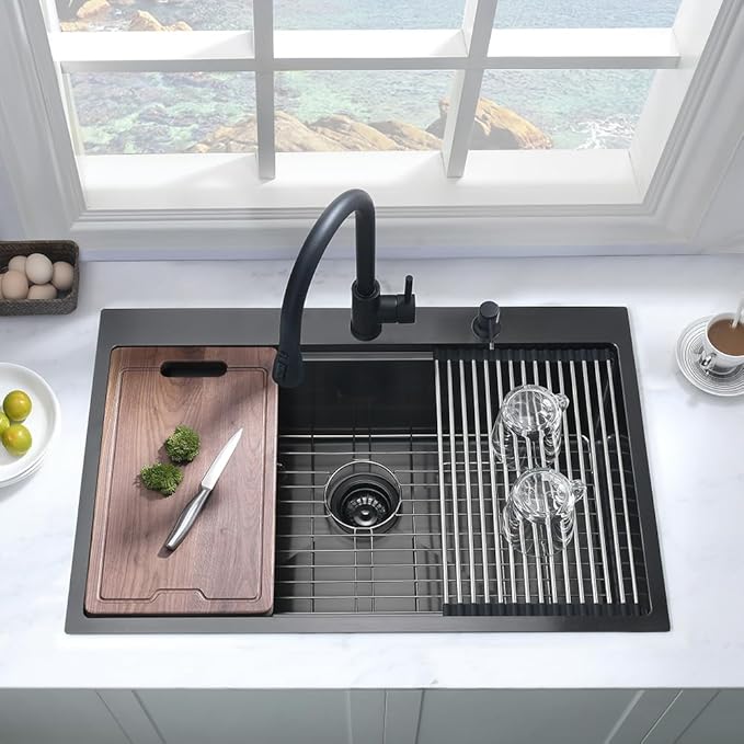 Black Kitchen Sink Drop In Workstation-Hovheir 25x20 Black Stainless Steel Kitchen Sink Drop In Topmount Sinks Workstation 16 Gauge Single Bowl Deep Overmount Sinks with Cutting Board