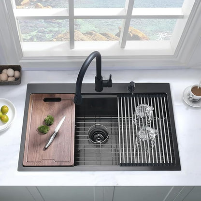 Black Kitchen Sink Drop In Workstation-Hovheir 25x20 Black Stainless Steel Kitchen Sink Drop In Topmount Sinks Workstation 16 Gauge Single Bowl Deep Overmount Sinks with Cutting Board