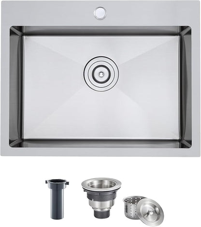 ROVATE 24 x 18 inch Drop-in Kitchen Sink Single Bowl, Topmount Stainless Steel Sink with1 Hole, Handmade Overmount Kitchen or Bar Sinks with Basket Strainer
