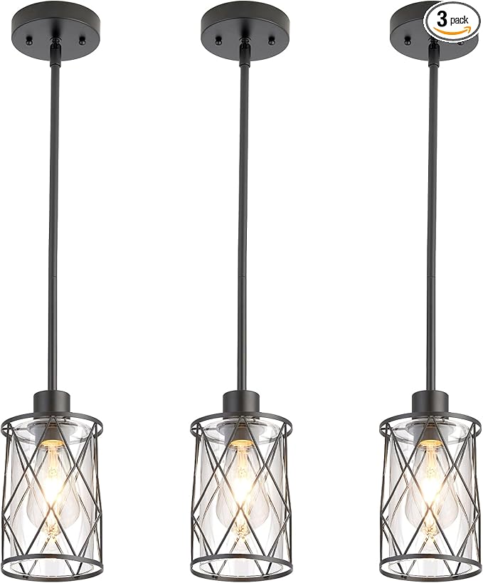 Refice Glass Pendant Lights Kitchen Island, Black Kitchen Hanging Light with Clear Glass, Farmhouse Cage Mini Pendant Lighting for Sink Dining Room Bedroom Bar, 3 Pack