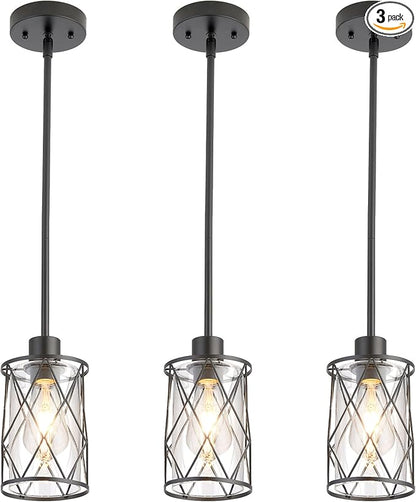 Refice Glass Pendant Lights Kitchen Island, Black Kitchen Hanging Light with Clear Glass, Farmhouse Cage Mini Pendant Lighting for Sink Dining Room Bedroom Bar, 3 Pack