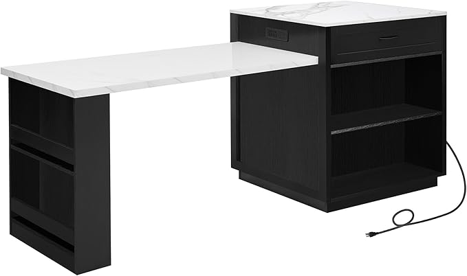 Ball & Cast 83" Kitchen Island with Extendable Dining Table,2-Tone Kitchen Table W/Double-Sized Storage,Power Outlet,Kitchen Islands W/ 2 Storage Drawers & 2 Side Open Shelves,for 4-6 Person,Black