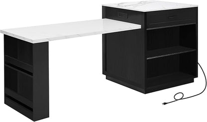 Ball & Cast 83" Kitchen Island with Extendable Dining Table,2-Tone Kitchen Table W/Double-Sized Storage,Power Outlet,Kitchen Islands W/ 2 Storage Drawers & 2 Side Open Shelves,for 4-6 Person,Black