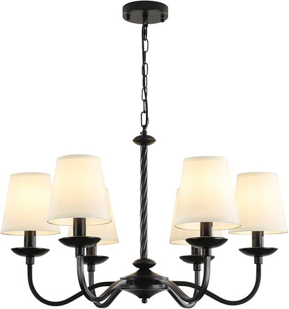 6-Light Black Farmhouse Chandelier, Modern Dining Room Light Fixture with White Fabric Shade，Kitchen Island Pendant Light Fixture for Bedroom Living Room