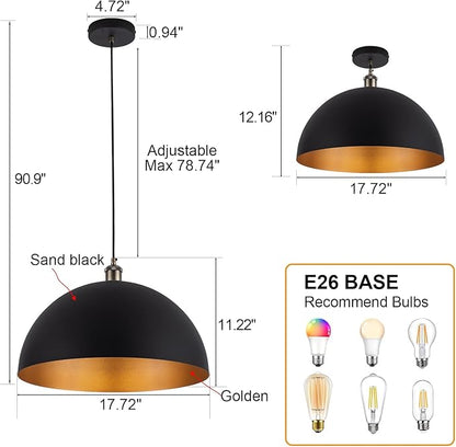 Vintage 2 pendant light,Industrial Pendant Light,17.72 inches large diameter, Line length 78.74" black and gold pendant light, widely used in the kitchen island, bedroom, dining room, hallway, garage
