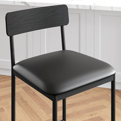 TrailBlaze Bar Stools Set of 2, 25.5'' Counter Height Upholstered Chairs with Backrest & Footrest, Modern PU Leather Barstools - Kitchen Island, Dining Room, Breakfast Bar - Easy Assembly - Black