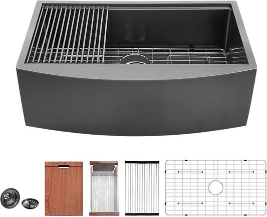 Black Farmhouse Kitchen Sink - Mocoloo 33 Inch Undermount Sinks Gunmetal Black Stainless Steel 16 Gauge Apron Single Bowl Ledge Workstation Farm Sink, 33''x22''x10''
