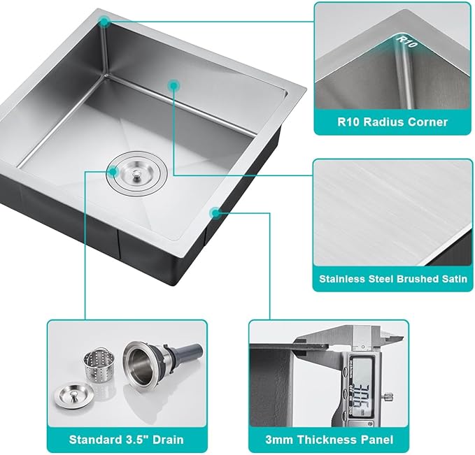20x16 Inch Undermount Kitchen Sink, Brushed Stainless Steel Compact Sink for Small Kitchen & Bar, 6 inch Deep Wet Bar Sink Single Basin Bowl
