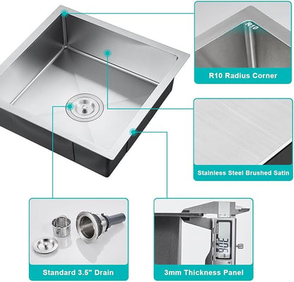 20x16 Inch Undermount Kitchen Sink, Brushed Stainless Steel Compact Sink for Small Kitchen & Bar, 6 inch Deep Wet Bar Sink Single Basin Bowl