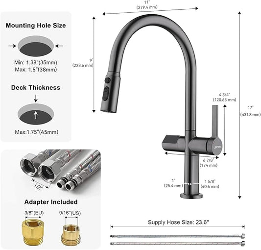 Lefton Touchless Pull-Out Kitchen Faucet, Hands Free Motion Sensor Activated, Battery-Free Temperature Display, KF2206 (Contemporary, Grey)