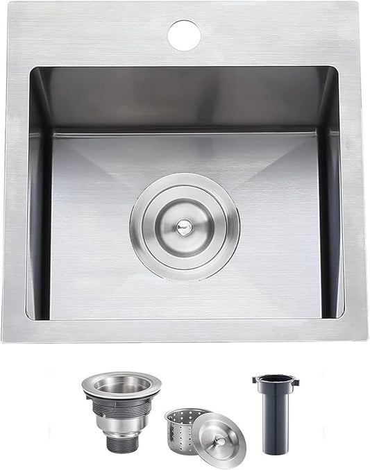 SHACO 15x15 Inch Drop In Bar Sink,15 Inch Stainless Steel Top mount Small Single Bowl Kitchen Bar Sink,16 Gauge Brushed Nickel Small Kitchen Prep Sink with Strainer Drain