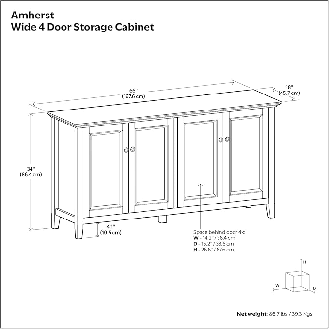 SIMPLIHOME Amherst Storage Cabinet - 66 inch Wide Solid Wood 4-Shelf Sideboard Cabinet in White, Transitional Buffet for Living Room or Dining Room with 4 Doors and Adjustable Shelves