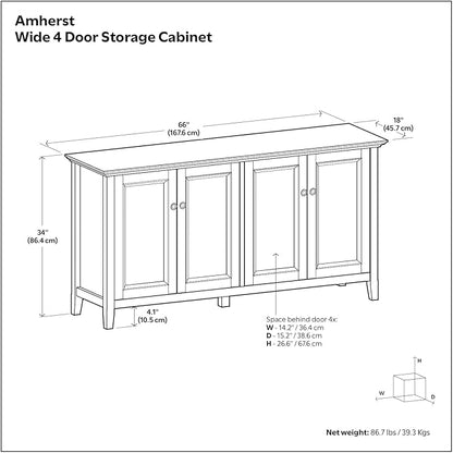 SIMPLIHOME Amherst Storage Cabinet - 66 inch Wide Solid Wood 4-Shelf Sideboard Cabinet in White, Transitional Buffet for Living Room or Dining Room with 4 Doors and Adjustable Shelves