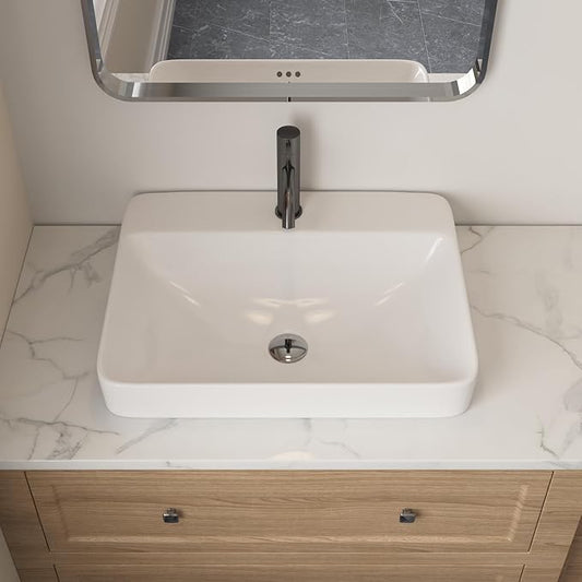 DeerValley 24x19 Inch White Rectangular Drop-In Bathroom Sink, Semi-Recessed Ceramic Vessel Sink with Overflow and Single Faucet Hole, Model DV-1DS012101