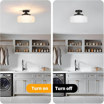 Daunton Black Semi Flush Mount Ceiling Light with Hand-Carved Design - 12 Inch Vintage White Glass Shade with Etched Patterns, Easy Install 3-Light Fixture for Hallway, Kitchen, Bedroom