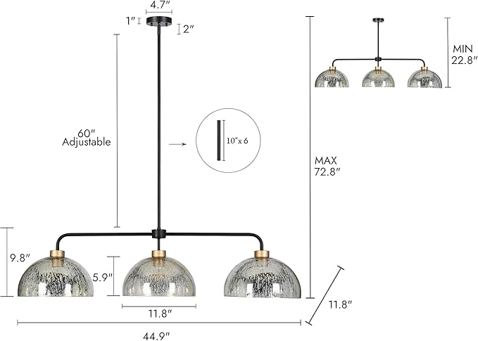 KSANA Kitchen Island Lighting, 3 Light Linear Chandelier with Mercury Dome Glass 44" Large Mid-Century Modern Pendant Light Black and Gold Chandelier for Dining Room