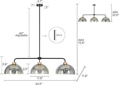 KSANA Kitchen Island Lighting, 3 Light Linear Chandelier with Mercury Dome Glass 44" Large Mid-Century Modern Pendant Light Black and Gold Chandelier for Dining Room
