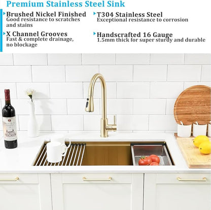 30 Inch Undermount Gold Kitchen Sink, Workstation 16 Gauge Stainless Steel Single Bowl Undermount Deep Kitchen Sink Basin