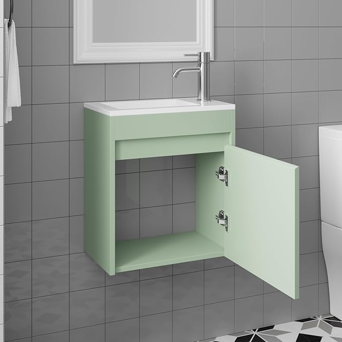 wonline 16" Small Floating Green Bathroom Vanity Sink Combo, Wall Mounted Narrow Single Cabinet with Resin Basin Sink Top, Water Saving Chrome Faucet & Pop-Up Drain
