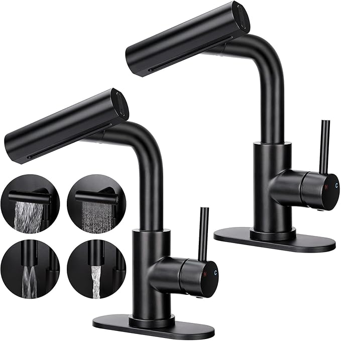 Bathroom Sink Faucet with 4 Mode Pull Down Sprayer, Matte Black Single Handle Pull Out Faucet with Pop-Up Drain, 1 or 3 Hole Laundry Bar Basin Faucet with Deck Plate