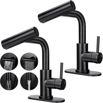 Bathroom Sink Faucet with 4 Mode Pull Down Sprayer, Matte Black Single Handle Pull Out Faucet with Pop-Up Drain, 1 or 3 Hole Laundry Bar Basin Faucet with Deck Plate