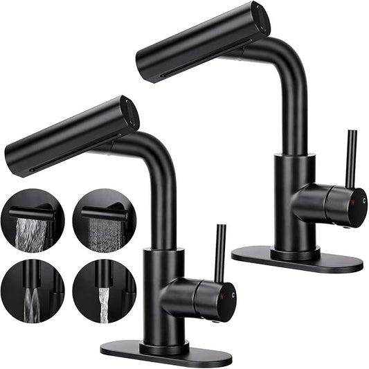 Bathroom Sink Faucet with 4 Mode Pull Down Sprayer, Matte Black Single Handle Pull Out Faucet with Pop-Up Drain, 1 or 3 Hole Laundry Bar Basin Faucet with Deck Plate