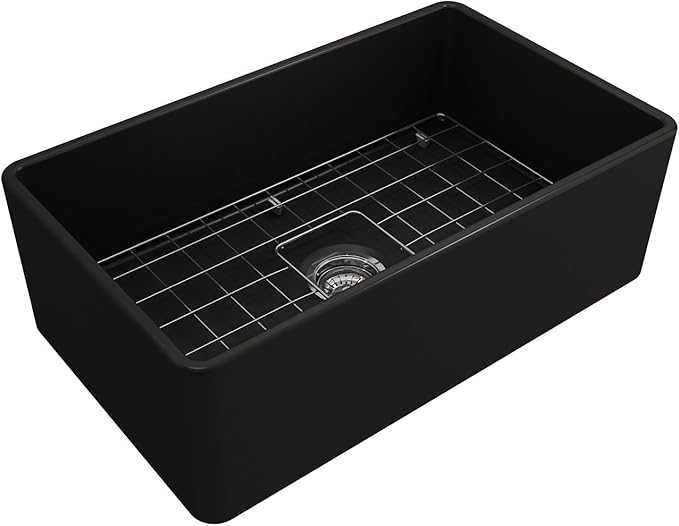 BOCCHI Classico Farmhouse Apron Front Fireclay 30 in. Single Bowl Kitchen Sink with Protective Bottom Grid and Strainer in Matte Black