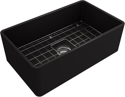 BOCCHI Classico Farmhouse Apron Front Fireclay 30 in. Single Bowl Kitchen Sink with Protective Bottom Grid and Strainer in Matte Black