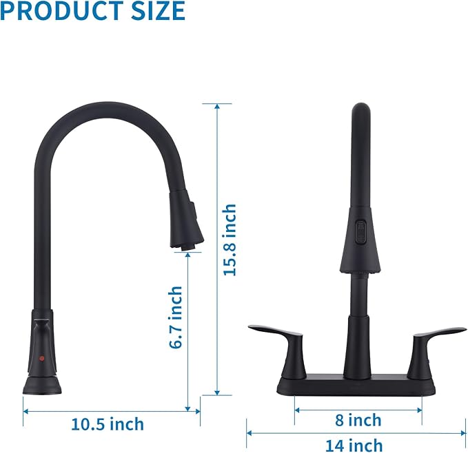 HOMELODY 2 Handles Kitchen Faucet with Pull Down Sprayer for 3 Hole Sink, 8 inch 360° Rotating Spout Centerset Kitchen Sink Faucet with Water Lines Matte Black