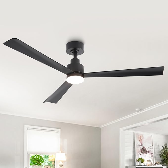 52" Black Ceiling Fan with Light and Remote, Modern 3-Blade DC Motor Ceiling Fan, Quiet Reversible Airflow, 6-Speed LED, Use for Bedroom Living Room Kitchen Indoor Use