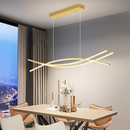 Modern Ceiling Chandelier Light, 39IN Gold Pendant Light Fixtures with Remote Control 3000k-6500K Adjustable Color Temperature, Aluminum Island Lighting Lamp for Dining Room, Living Room, Island