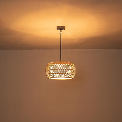 3-Light Farmhouse Rattan Chandelier,15.7'' Boho Hand Woven Drum Pendant Light Fixtures with Fabric Shade,Coastal Rattan Hanging Ceiling Lights for Kitchen Island,Dining Room,Living Room,Entryway,Foyer