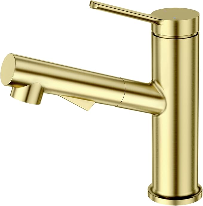Faustina Light Gold Bathroom Faucet with Pull Out Sprayer, Gold Vanity Faucet for Bathroom or Laundry, Stainless Steel Single Handle with Deck Plate for 1 or 3 Hole, Brushed Finish