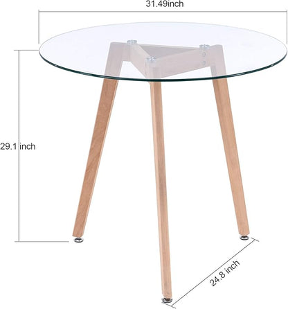 ivinta Round Dining Table for 4 People, 31.5" Modern Glass Kitchen Table with Tempered Glass Top and Wooden Legs for Dining Room, Living Room, RD-DT (Natural Wood)