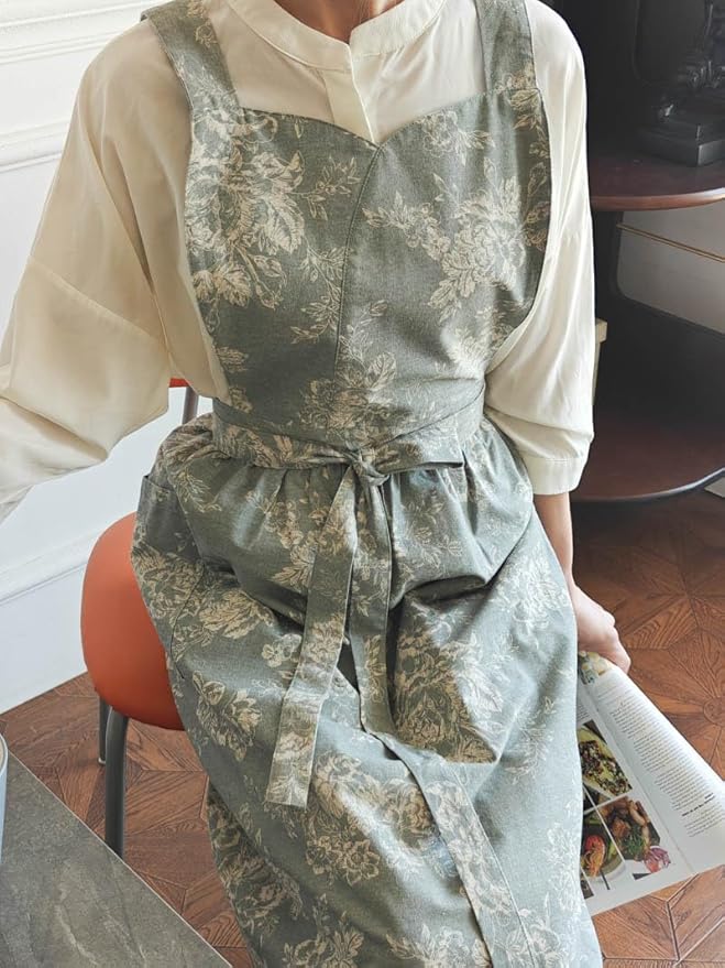 Floral Cotton Waterproof Adult Kitchen Apron Adjustable Cooking Baking Garden Chef Apron with Pocket