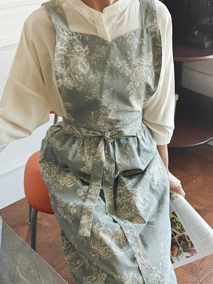 Floral Cotton Waterproof Adult Kitchen Apron Adjustable Cooking Baking Garden Chef Apron with Pocket