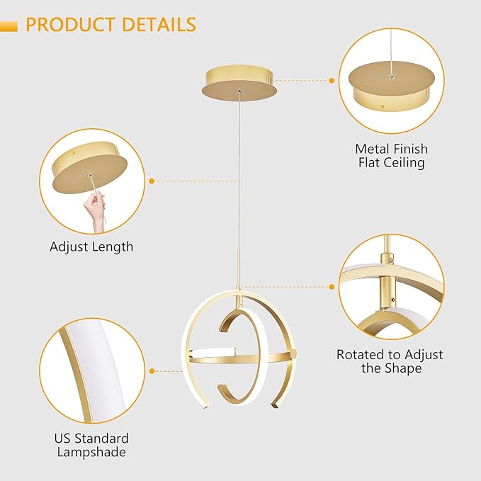 Modern Gold LED Chandelier, Globe 4000K Pendant Light Fixture, Round Adjustable Height Dining Room Hanging Light for Kitchen Island Bedroom Hallway Foyer(11.81 Inch)