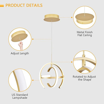 Modern Gold LED Chandelier, Globe 4000K Pendant Light Fixture, Round Adjustable Height Dining Room Hanging Light for Kitchen Island Bedroom Hallway Foyer(11.81 Inch)