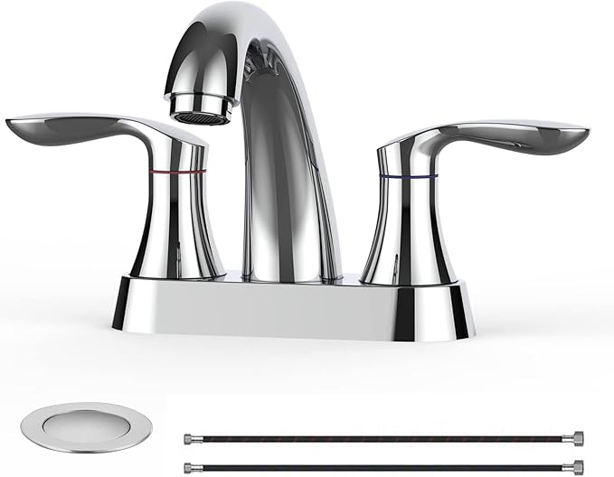Bathroom Faucet, 4 Inch Bathroom Faucets for Sink 3 Hole, Centerset Bathroom Sink Faucet with Pop Up Drain and cUPC Lead-Free Hose(Chrome)
