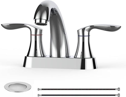 Bathroom Faucet, 4 Inch Bathroom Faucets for Sink 3 Hole, Centerset Bathroom Sink Faucet with Pop Up Drain and cUPC Lead-Free Hose(Chrome)