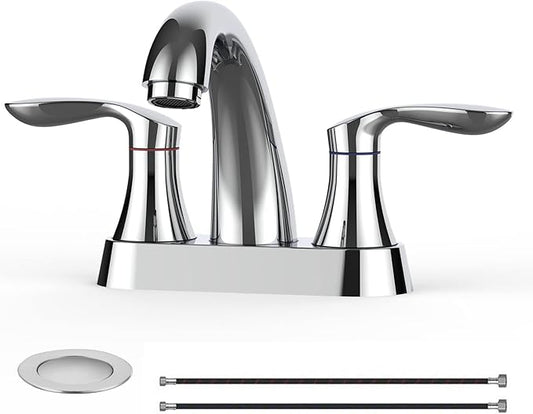 Bathroom Faucet, 4 Inch Bathroom Faucets for Sink 3 Hole, Centerset Bathroom Sink Faucet with Pop Up Drain and cUPC Lead-Free Hose(Chrome)