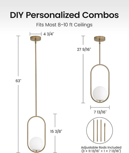 Yunnix Pendant Lights Kitchen Island, Pendant Light Fixtures, 2 Pack Modern Champagne Bronze Globe Glass Pendant Lighting, Mid Century Chandelier One Light for Bathroom Bedroom Dining Room