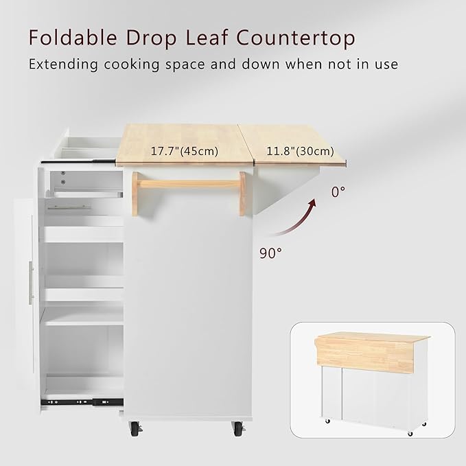 Rolling Kitchen Island Cart with Drop Leaf,3 Tier Pull Out Cabinet Organizer, Internal Storage Rack,Towel Rack, 2 Drawers,for Kitchen (White@t)