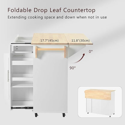 Rolling Kitchen Island Cart with Drop Leaf,3 Tier Pull Out Cabinet Organizer, Internal Storage Rack,Towel Rack, 2 Drawers,for Kitchen (White@t)