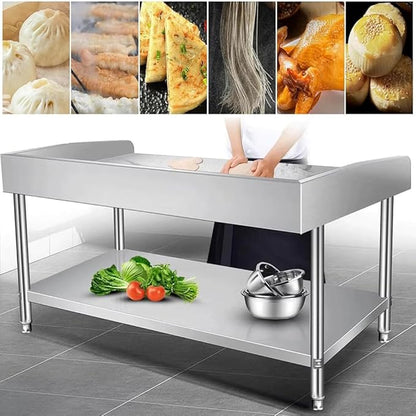 Kitchen Preparation Table Stainless Steel Worktop with Three-Sided Splashback, Stainless Steel Dining Table Grill, Adjustable Legs, 2/3-Tier Kitchen Preparation Table,Bl120×w60×h80cm